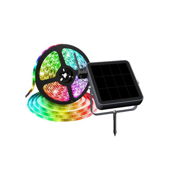 這款智慧太陽能RGB LED燈帶採用高品質的LED燈珠，可以通過手機應用程式遠端控制顏色和亮度。同時，該燈帶還帶有太陽能板，可以在陽光充足的情況下以零能耗運行。